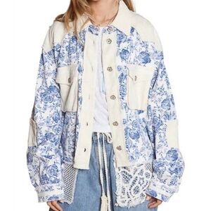 POL The Wildflower Jacket in Ivory/Blue Patchwork Floral Large NWOT